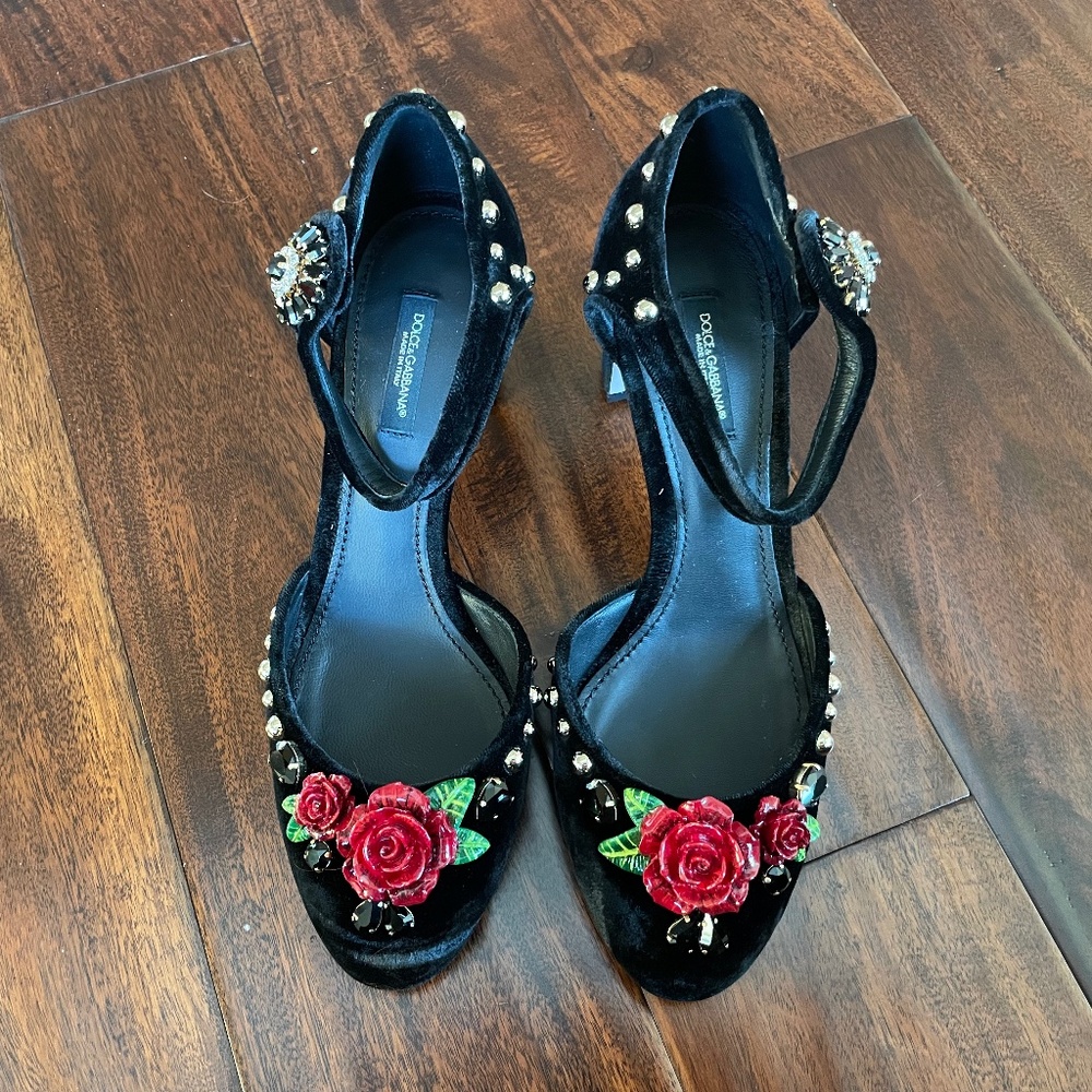 Dolce and Gabbana Velvet Rose Embellished Block Heel - Never Worn